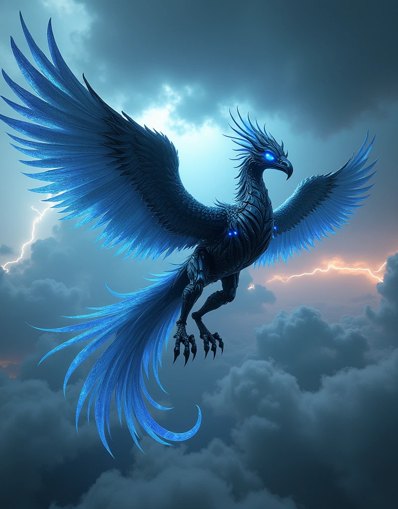 a phoenix robot from black metal, soaring on the sky, metal reflection body, cinematic lighting, spreading the wings and gliding, gliding pose, glowing blue eyes, glowing blue wings, glowing steel blue tails, glowing blue iron claw, vivid color, thunder sky background