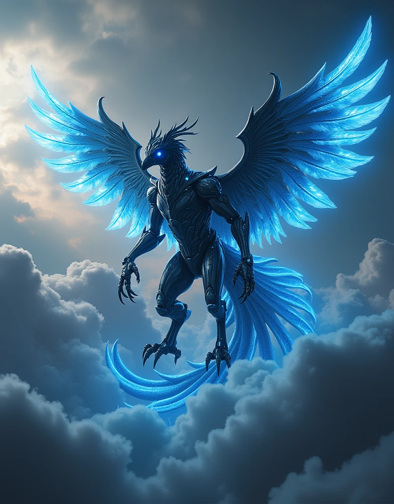 a phoenix robot from black metal, soaring on the sky, metal reflection body, cinematic lighting, spreading the wings and gliding, gliding pose, glowing blue eyes, glowing blue wings, glowing steel blue tails, glowing blue iron claw, vivid color, thunder sky background