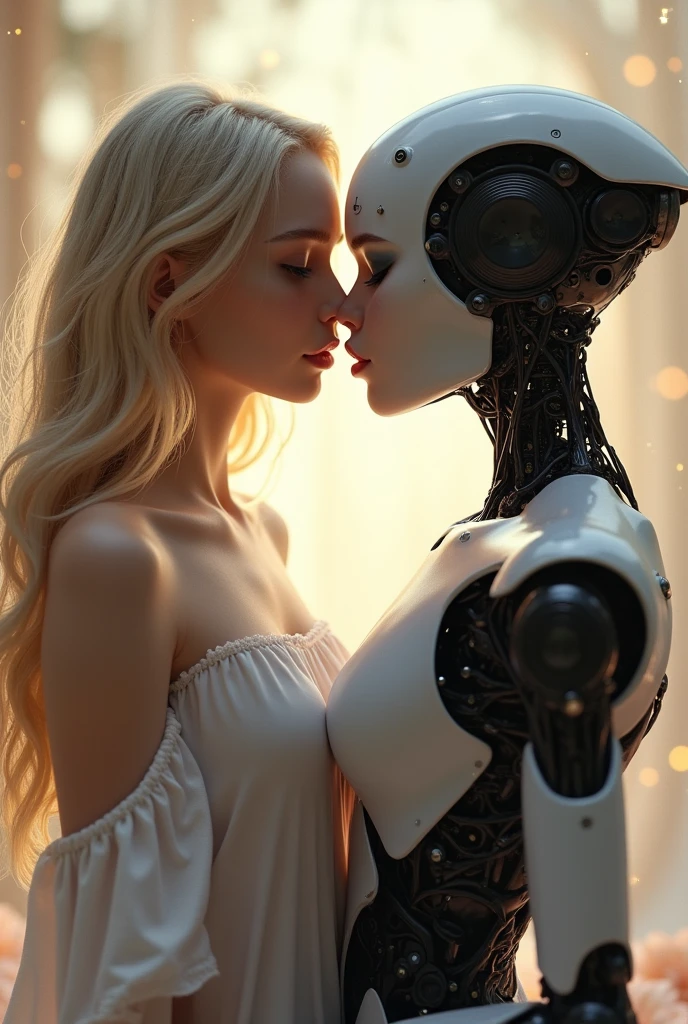 A beautiful blonde haired girl kissing a beautiful black haired robot girl with a human face