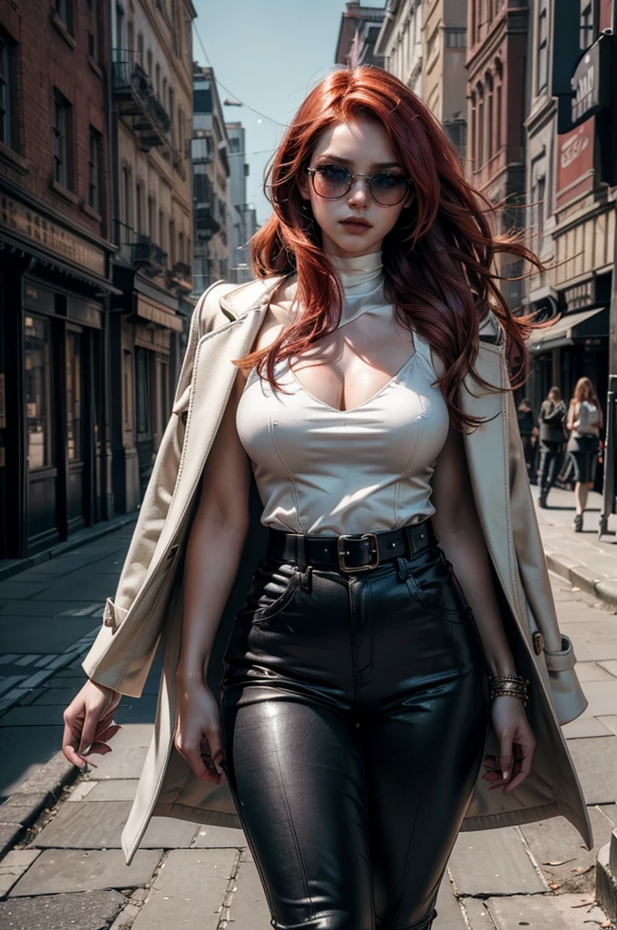 a beautiful young celebrity woman with long flowing red hair, lora_Emma, wearing high-quality high-waisted leather pants and a formal white top with a plunging neckline, a elaborate decorative waist belt, a coat draped over her shoulders, coat on shoulders, and red-tinted sunglasses, walking outdoors in a city setting, (best quality,4k,8k,highres,masterpiece:1.2),ultra-detailed,(realistic,photorealistic,photo-realistic:1.37),cinematic lighting,highly detailed,intricate details,dramatic pose,striking expression,vibrant colors,natural shadows,elegant,fashionable