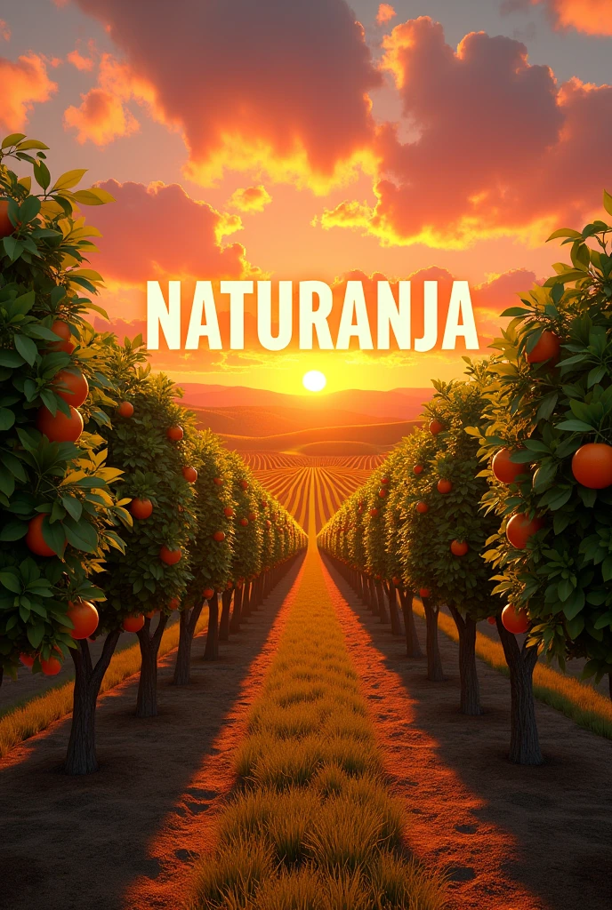 Give me an image of orange orchards with a deep perspective and a sunset in the background and the word in the middle that says “NATURANJA” in capital letters and big words