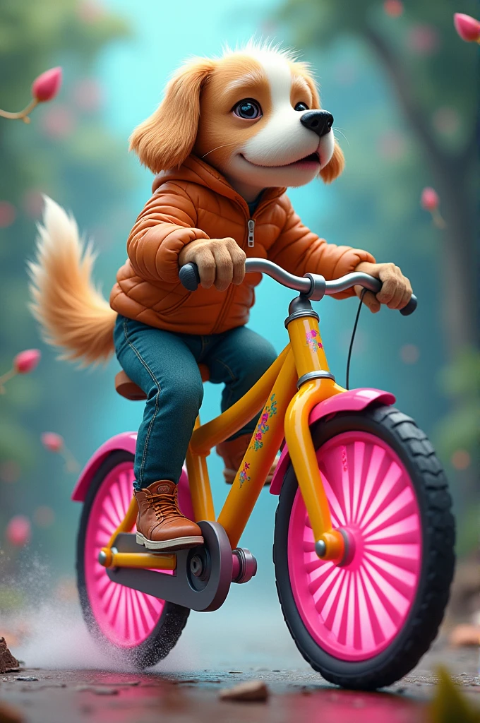 A dog-faced boy riding a yellow bicycle with pink rubber wheels