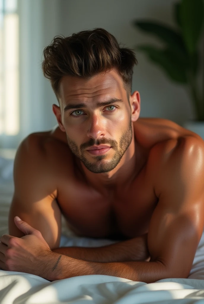 30 year old blond man, very muscular, incredibly handsome with green eyes, lying face up on a bed with his torso naked, looking seductively at the camera, European features, short brown hair, modern cut, perfectly shaved beard, mouth with sensual lips, little hair on his pectorals, frontal daylight that highlights his muscles, realistic photo, shot from a side angle