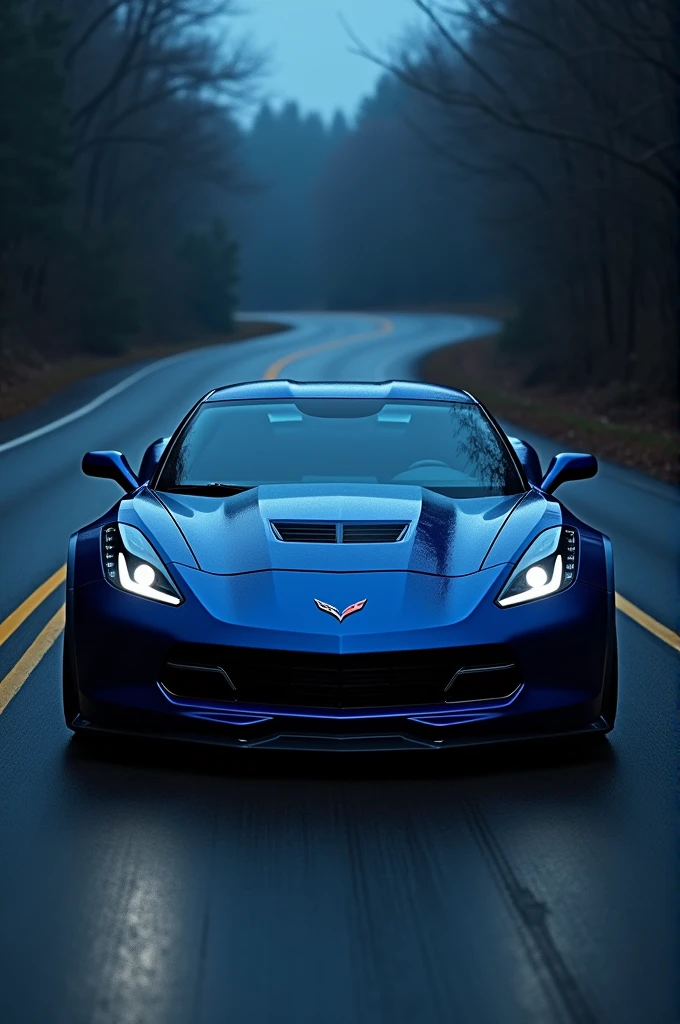 A. Matte Midnight blue corvette wiper on road in night