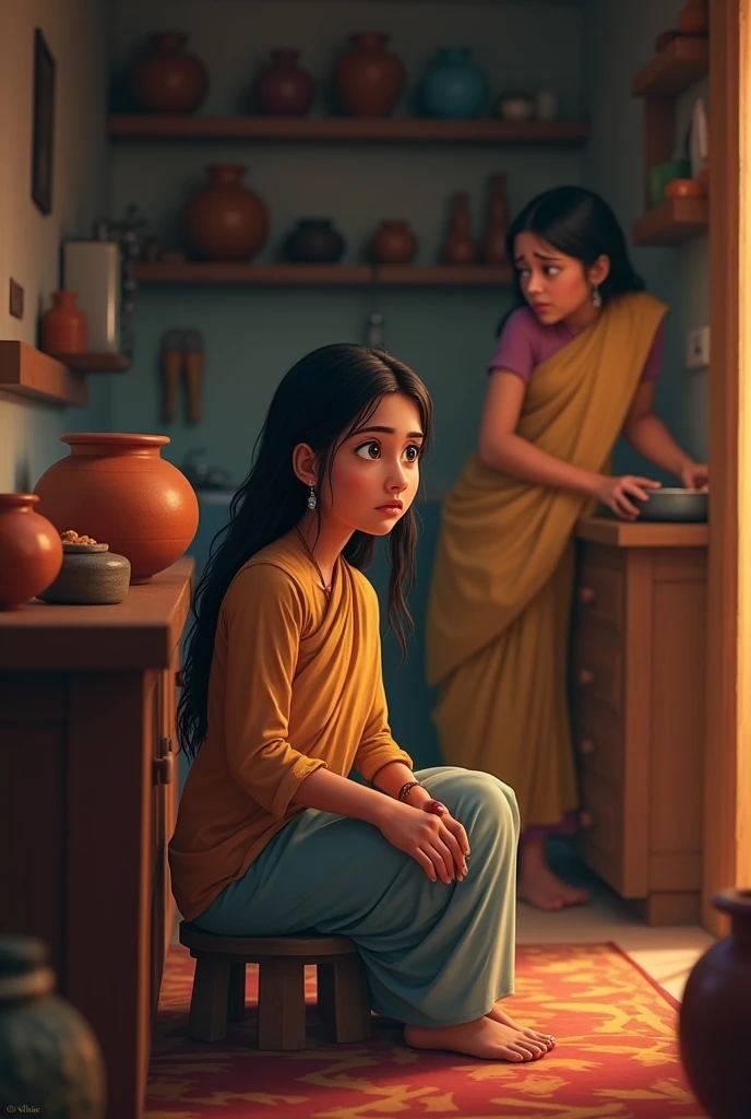 2. Suman Feeling Worried About Her Relationship with Rati:**
*"Inside a cozy, traditionally decorated kitchen with wooden furniture and earthenware pots. Suman is sitting on a low stool, her face showing concern and worry, as she looks at Rati from a distance. Rati is seen working in the kitchen, trying to do everything perfectly but with a tense expression, as if she’s afraid of making a mistake."*