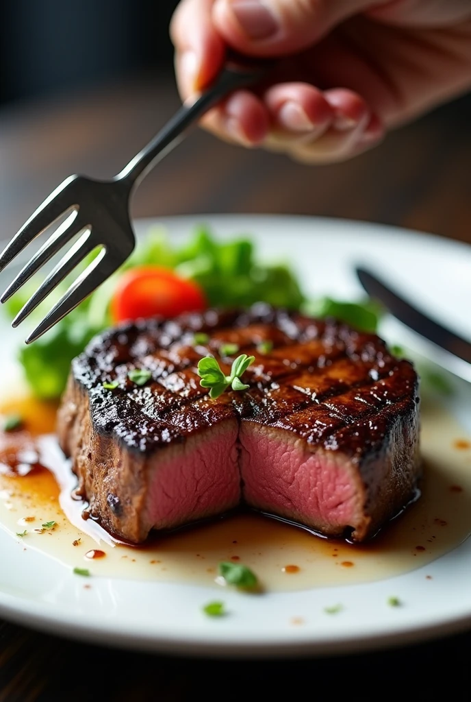 Juicy steak in a plate with fork and knife which looks so tempting eith its fresh aroma