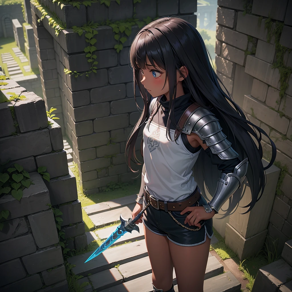最high quality、high quality、Simple Cloth Armor、10Year old girl adventurer、Climb the maze stairs、Shorts、Equipped with a dagger and a shield、In a dark maze、The body is being swallowed by slime