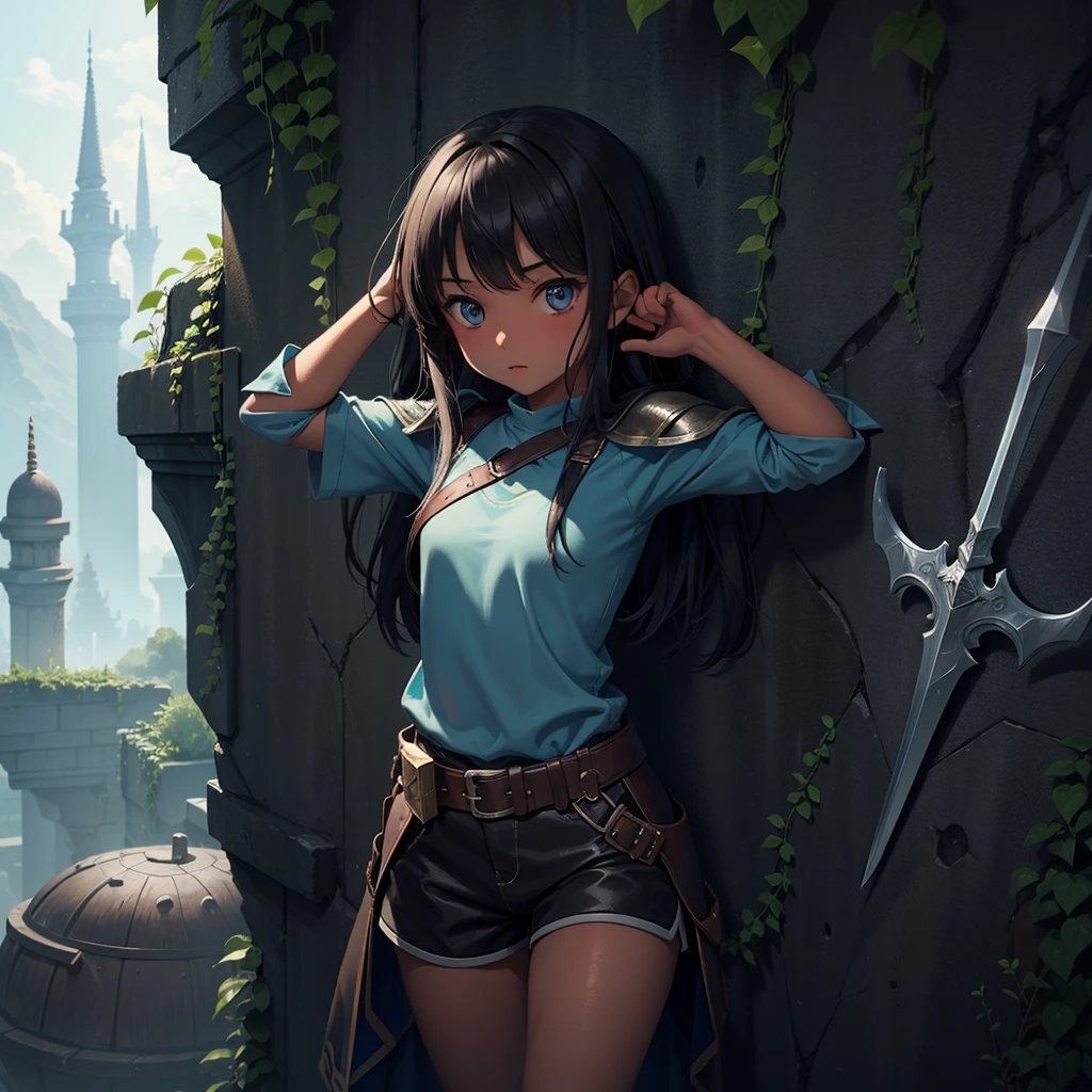 最high quality、high quality、Simple Cloth Armor、１０Year old girl adventurer、Climb the maze stairs、Shorts、Equipped with a dagger and a shield、In a dark maze、The body is being swallowed by slime
