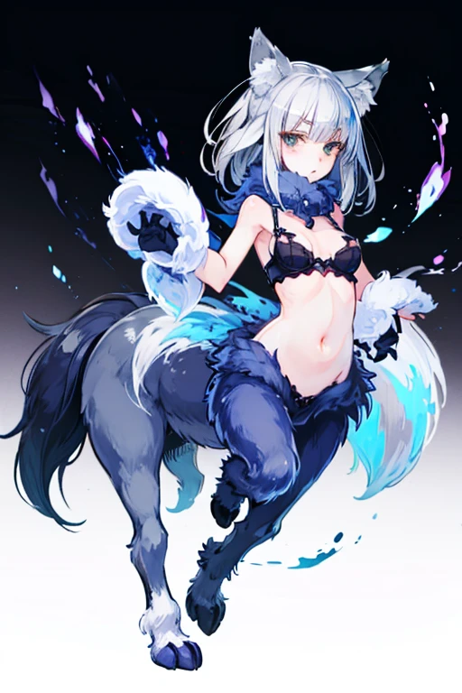 Wolf Girl、Quadrupedal、Two arms and four wolf legs、Small breasts、Only the belly is exposed、bra、whole body、Silver fur、Silver Hair、Wolf Ears