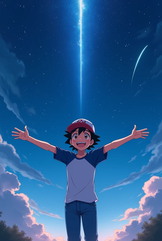 (Ash_pokemom)(Brown eyes, black hair, blue and white t-shirt with jeans, hat ) (1)
, readiant smile, in the light of the moon, anime realistic , star , handsome guy , magic moment, 4k , only our , beautiful night, shooting star, smile, smile , looking front , look ahead , arms outstretched forward