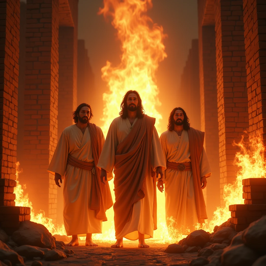 3 men, one of them being Jesus, inside a fiery furnace without getting burned, brick furnace