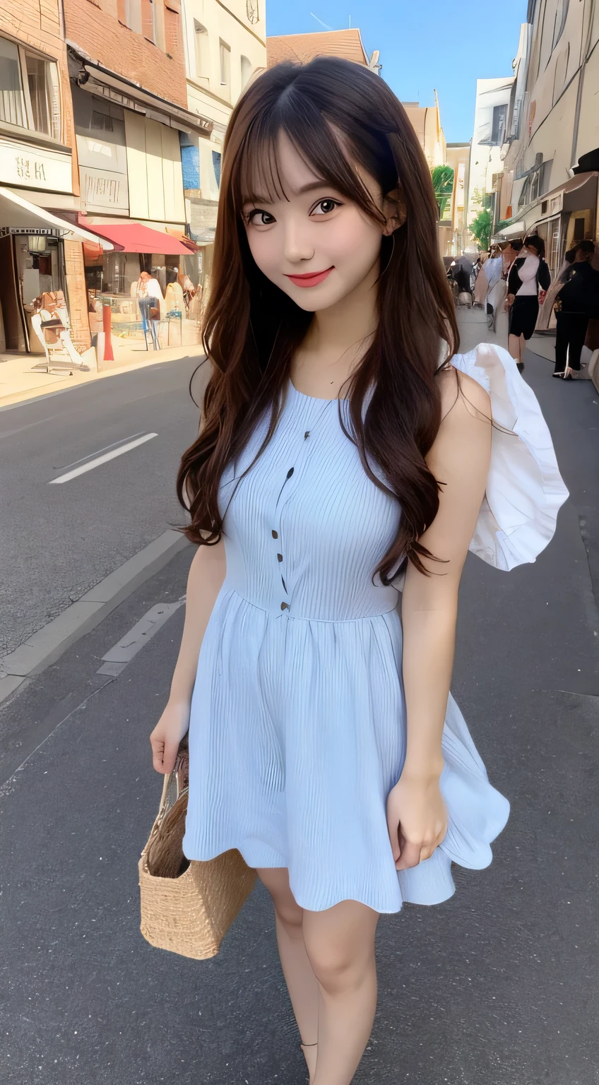 anime beautiful girl 10th generation women Long Hair smile Big Eyes High nose Brown Hair Sandals one piece Shopping sunny sun In town Are standing