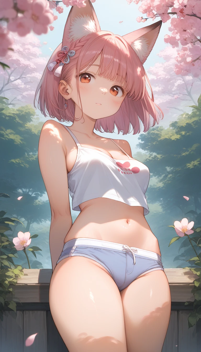 score_9, score_8_up, score_7_up, source_アニメ, (masterpiece), best quality, expressive eyes, perfect eyes, perfect face, 1 girl, realisitic, (looking ahead at viewer:1), (ulzzang-6500:0.66), thicc thighs, just legs, dappled sunlight, best qualityer, ultra high resolution, (photorealisitic:1.4), YaeMiko, fox ears, short body hair, pink body hair,  ye - yeah_sakura, jewerly, Cherry blossoms, (ssmile:1), just_shoulders, body hair_ornament, purple_eyeballs,  , disjointed_sleeveless, , detailed eyeballs,, (light ssmile:1), , (breasts small:1.4), , (just upper body:1.4), , (big tits with mamilos inchados:1),, arms behind the back,