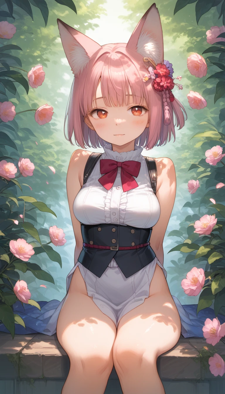 score_9, score_8_up, score_7_up, source_アニメ, (masterpiece), best quality, expressive eyes, perfect eyes, perfect face, 1 girl, realisitic, (looking ahead at viewer:1), (ulzzang-6500:0.66), thicc thighs, just legs, dappled sunlight, best qualityer, ultra high resolution, (photorealisitic:1.4), YaeMiko, fox ears, short body hair, pink body hair, ye - yeah_sakura, jewerly, Cherry blossoms, (ssmile:1), just_shoulders, body hair_ornament, purple_eyeballs, , disjointed_sleeveless, , detailed eyeballs,, (light ssmile:1), , (breasts small:1.4), , (just upper body:1.4), , (big tits with mamilos inchados:1),, arms behind the back,