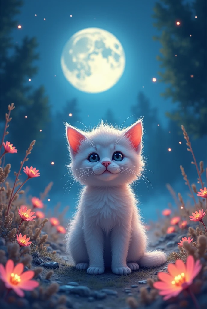 Ultra detailed illustration of a cute fluffy kitten sitting in a clearing flooded with moonlight, starry sky, moon lost in a magical world of wonders, glowy, bioluminescent flora, incredibly detailed, pastel colors, handpainted strokes, visible strokes, oil paint, art by Mschiffer, night, bioluminescence, mistik style, colorful polaroid with vibrant colors, (vacations, high resolution:1.3), (small, selective focus, european film:1.2)
