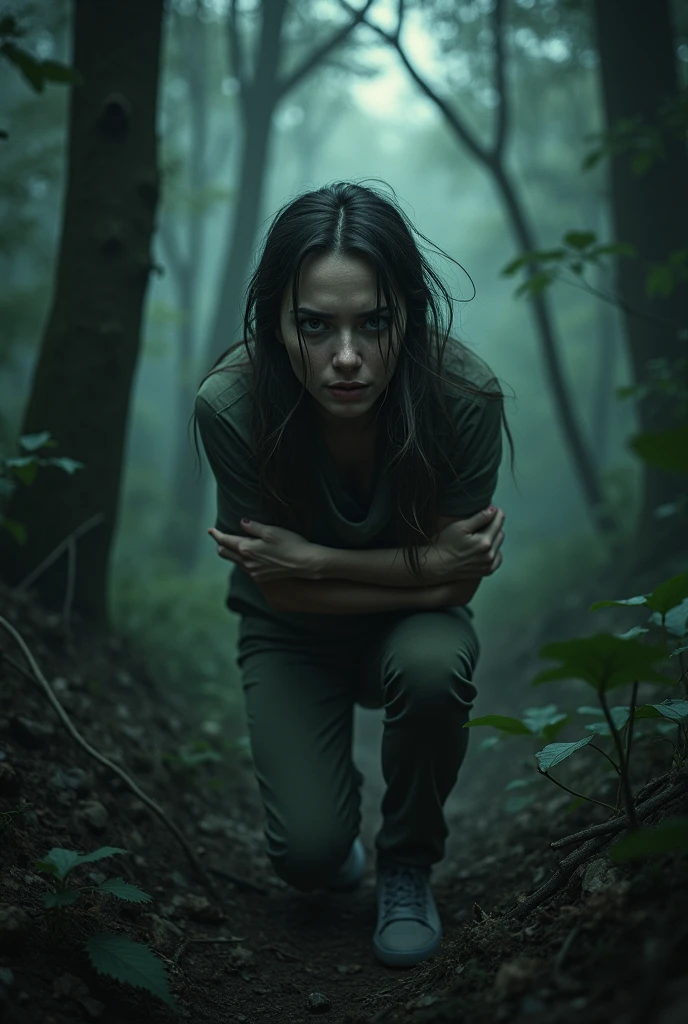 A scared woman in forest 