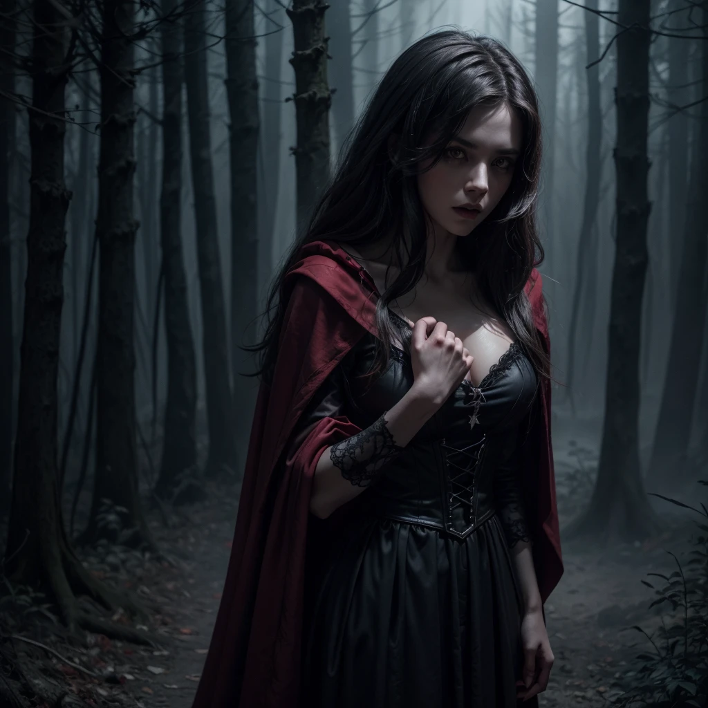 a beautiful and sensual vampire red riding hood,a severed werewolf head in her right hand,dark gothic castle background,dramatic lighting,mist,moody color palette,ultra-detailed,8k,realistic,photorealistic,physically-based rendering,extreme detail description,professional,vivid colors,bokeh