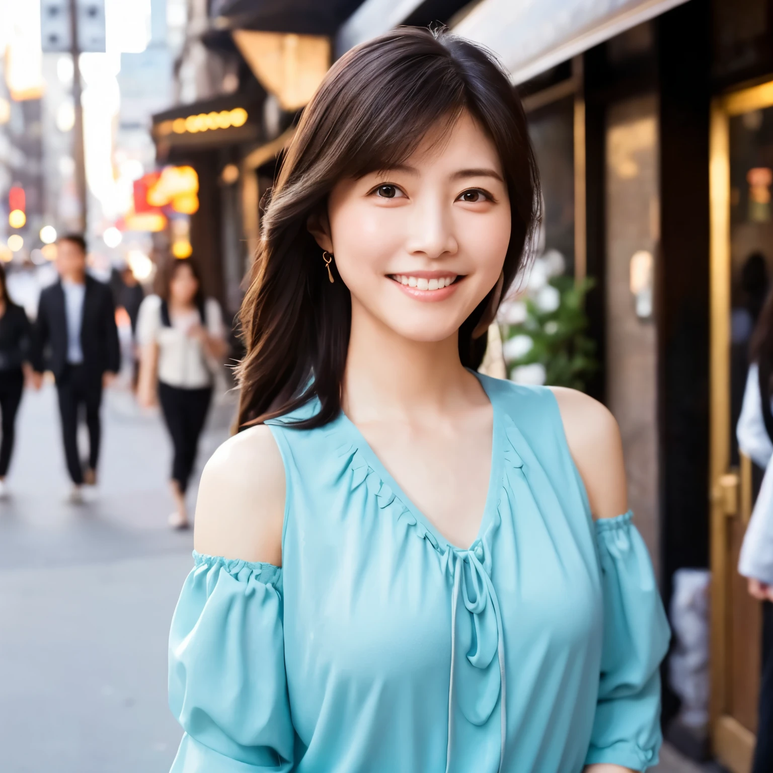 Masterpiece, memorial portrait, Japanese woman, twenty nine years old, slender body, anatomically correct body structure, cute face, slight smile, detailed face, detailed eyes, walking on a street of downtown Los Angels, enjoying a honeymoon