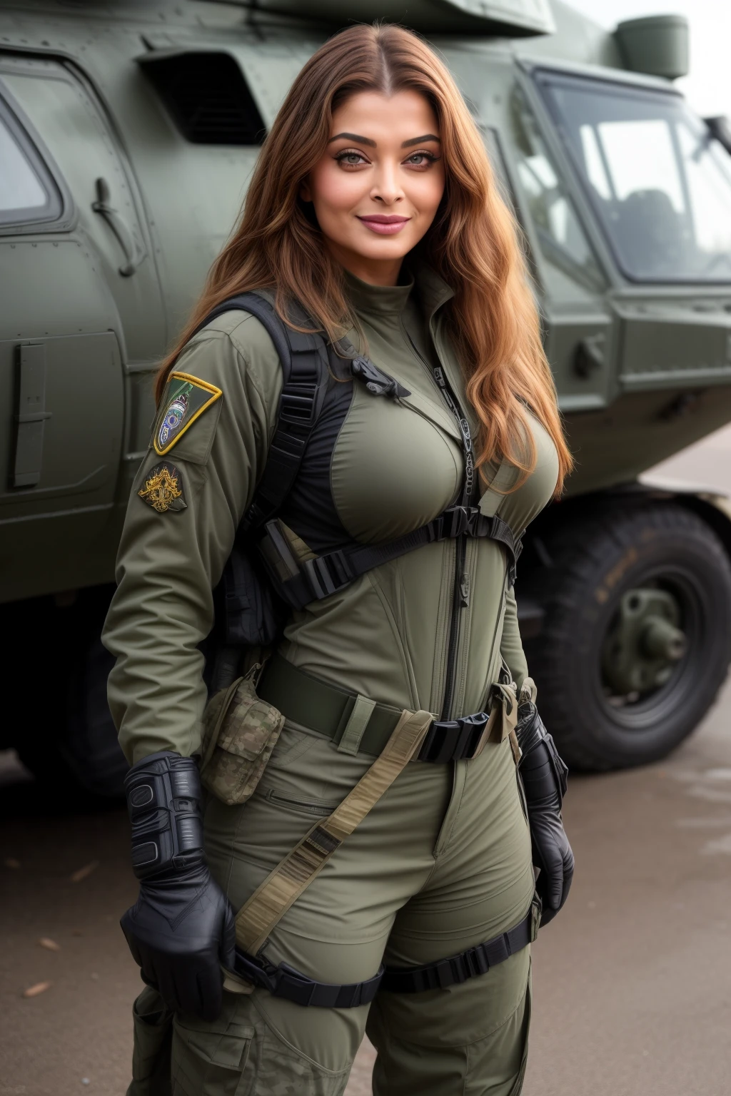 Full body photo of 50YO MATURE MILF AISHWARYA RAI as ARMY MILF, WEARING FULL ARMY GEAR, COMBAT BOOTS, COMBAT GLOVES, KNEEPADS, CAMO PLATE CARRIER RIG, intricate details, POSING next to army helicopter, ((MOCKING SMILE)), GREEN HIGHLIGHTED HAIR, day scene, mature hourglass figure, look straight at camera, sexy 50 yo mature MILF, soft volumetric lights, intricate details, (ArtStation:1.2)