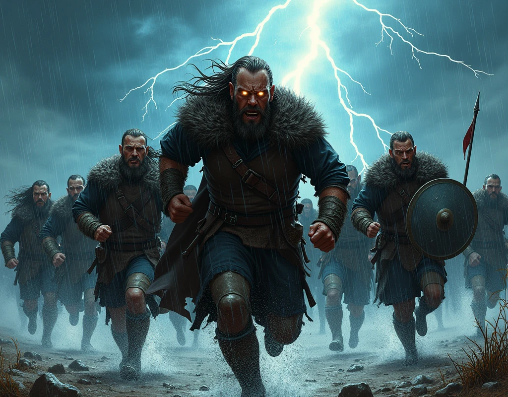 
*Under a sky split by lightning, a band of Viking warriors charges through the storm, their feet pounding the earth with ferocious speed. At the front, a battle-scarred warrior leads the charge, his eyes blazing with fury and determination. The wind howls, tearing at their soaked cloaks, but they press forward with unrelenting force, their shields held tight and weapons ready. Rain lashes their faces, but it only fuels their rage as they sprint towards an unseen enemy, their collective roar echoing through the storm, a fearsome testament to their unity and unstoppable might.* Style comic noir