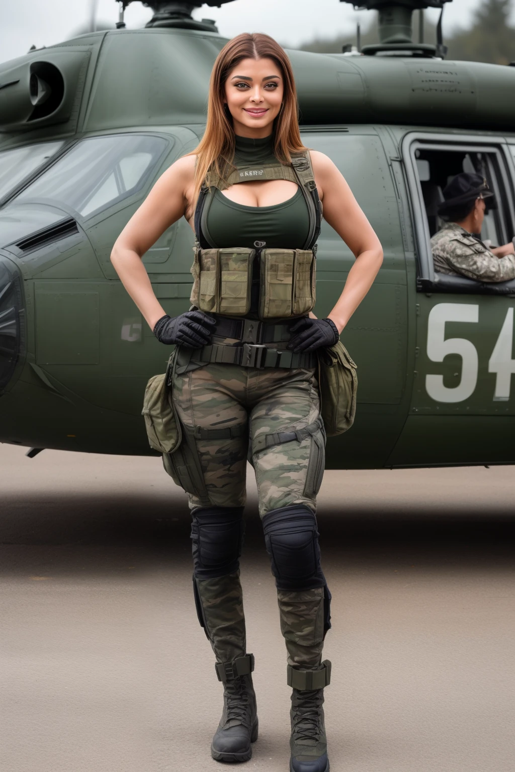 Full body photo of 50YO MATURE MILF AISHWARYA RAI as ARMY MILF, WEARING FULL ARMY GEAR, COMBAT BOOTS, COMBAT GLOVES, KNEEPADS, CAMO PLATE CARRIER RIG, intricate details, POSING next to army helicopter, ((MOCKING SMILE)), GREEN HIGHLIGHTED HAIR, day scene, mature hourglass figure, look straight at camera, sexy 50 yo mature MILF, soft volumetric lights, intricate details, (ArtStation:1.2)