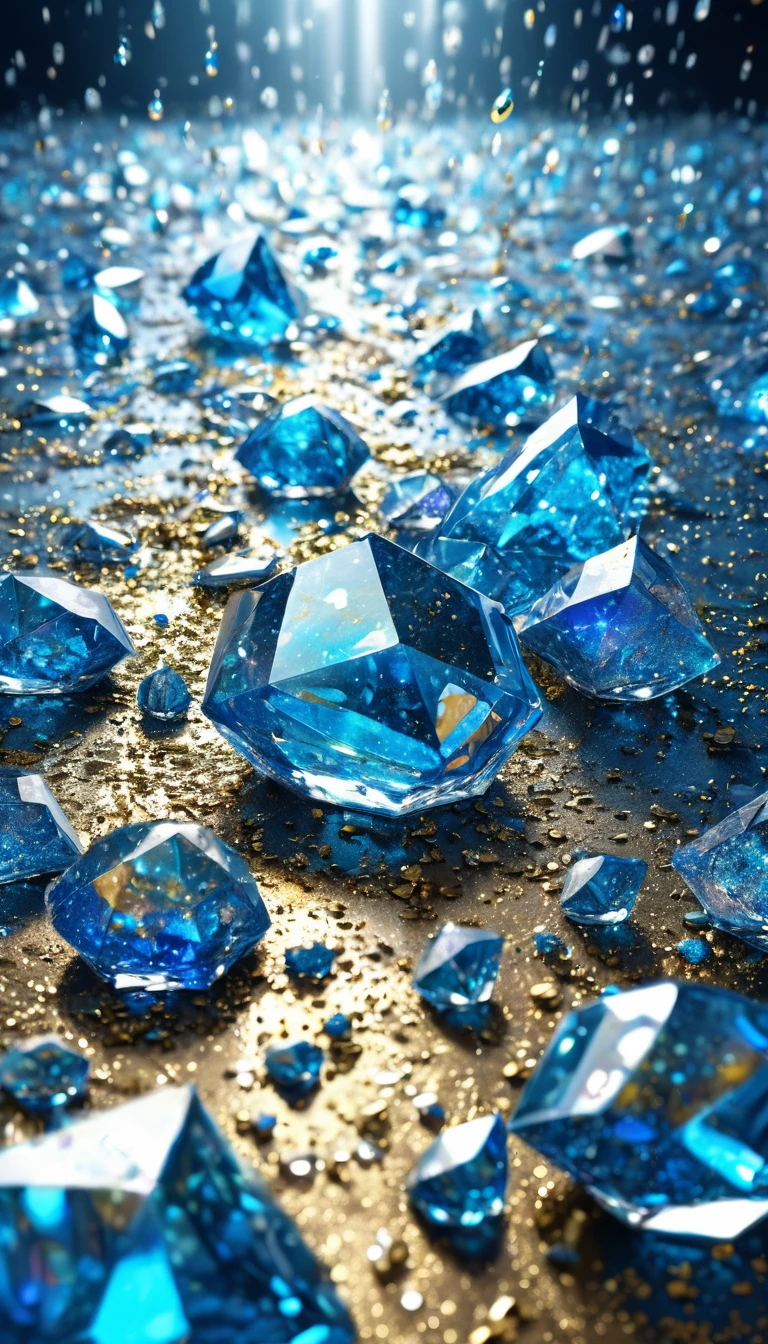 conceptual installation art, falling ice drops, shattering on the ground, background iridescent bright metallic blue, (ultra detailed, absolutely resolution, best quality:1.3), 2.5D, delicate and dynamic effects, gold dust glitter effects, artistic photography, hyper realistic, graphic CG digital art