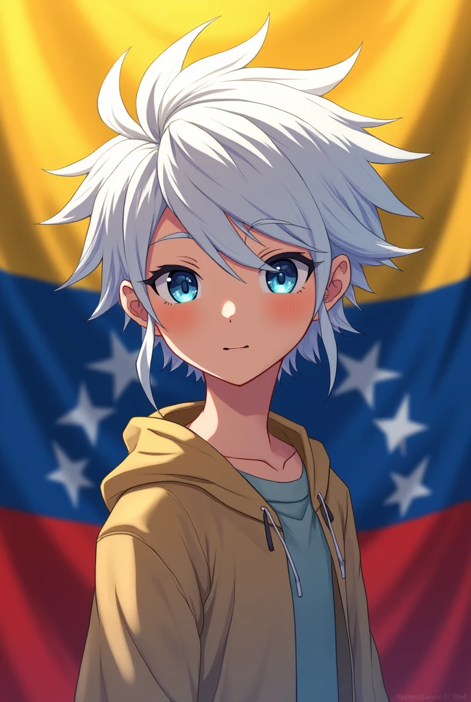 Give me an anime boy with white hair with a Venezuela flag in the background