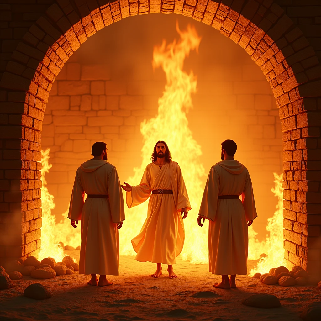 3 men and Jesus, inside a fiery furnace without getting burned, brick furnace 