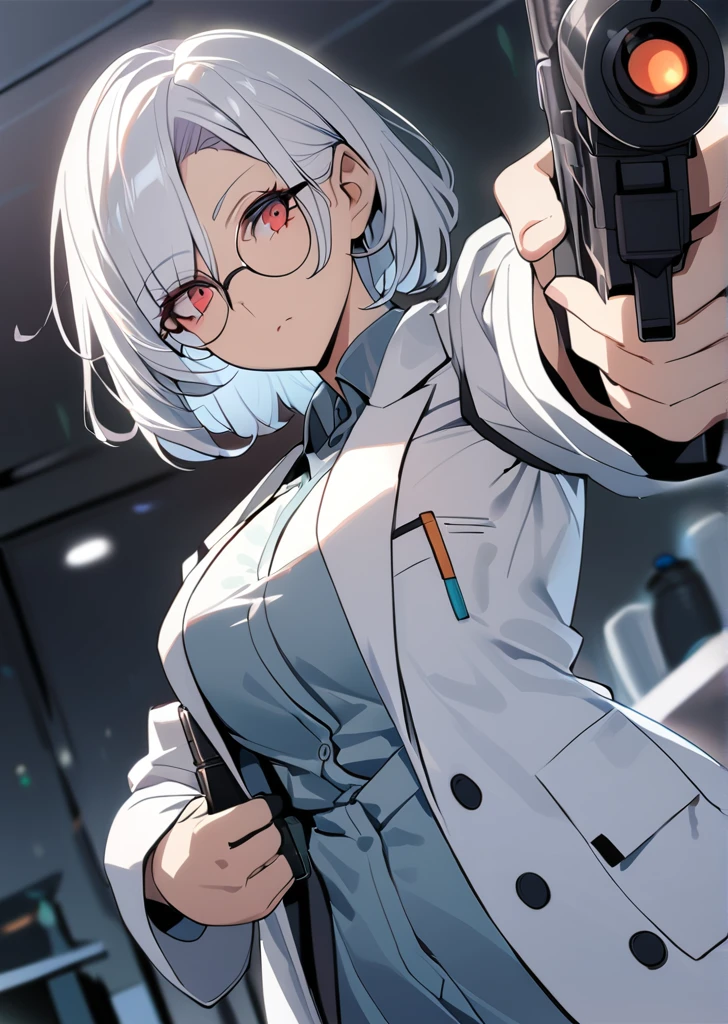 (((pixel-perfect, detail-perfect))), solo, 1girl, rika shiguma, , ascot, glasses, labcoat, looking at viewer, smile,see breast,obscene,Beautiful long legs,Get naked,Big breasts,have sex,nude body