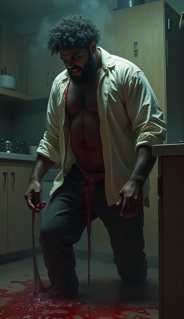 In a poorly lit kitchen, The tension is palpable. The man, de 1,80m de altura, with dark skin and curly hair, is seized by an uncontrollable rage. His face is full of hate and resentment, eyes burning with a threatening intensity. He leans forward slightly, the tense muscles, as your heavy breathing echoes in the oppressive silence.
With a sudden movement, he grabs the handle of the KNIFE stuck in his STOMACH without showing any sign of pain, just angry, he pulls out the bloody blade, throwing it into the corner of the KITCHEN with contempt, as if the injury was insignificant. The metallic sound of the knife hitting the floor echoes ominously through the room..
Although BLOOD flows abundantly from the wound, staining your clothes and forming a puddle on the floor, the man remains unshaken, almost as if the pain was irrelevant to him. The scene is made even more terrifying by the contrast between the grotesque wound and the impassive expression of hatred on the man's face.. the kitchen, with its dark corners and flickering light, amplifies the feeling that something monstrous is about to happen, as he prepares for the next move, turning the scene into a living nightmare.