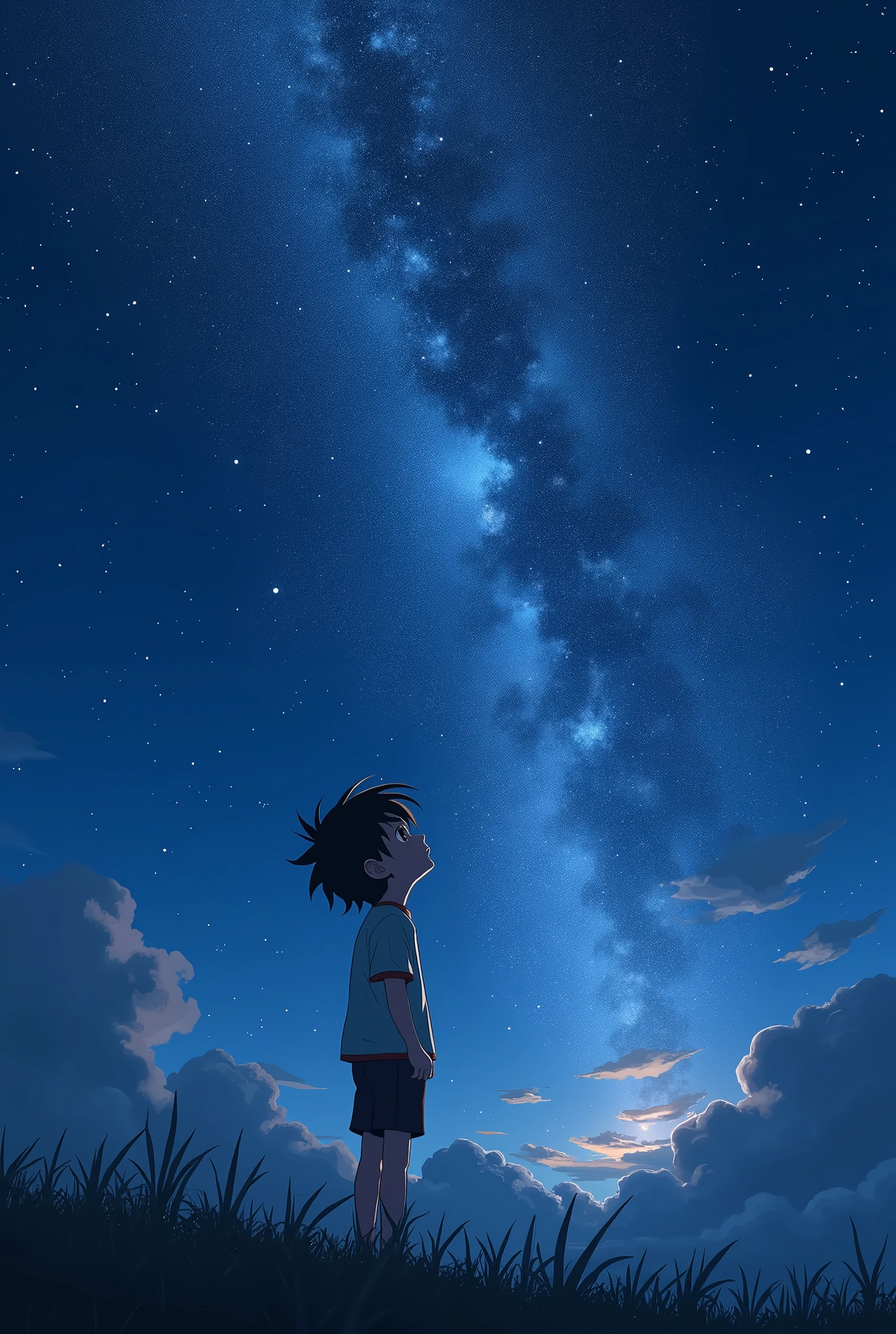 masutepiece, 4K, Anime boy looking at the sky, midnight sky, There are many stars in the sky, Beautiful sky, Beautiful boy, Night, Beautiful world, Dark