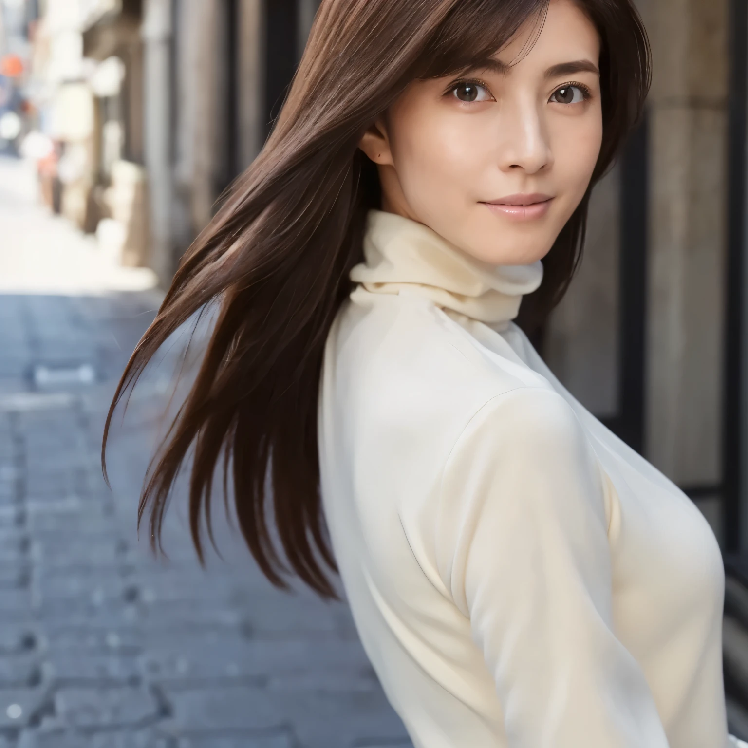 ((top-quality, in 8K, masterpiece:1.3)), Beautiful Japanese woman, perfect body:1.4, Slim abs:1.2, ((Straight hair:1.2)), (turtle neck:1.1), (a street:1.2), wetbody:1.5, Three-dimensional texture, A detailed eye, Brown hair, very thin waist, posterior view, looking back to the viewers