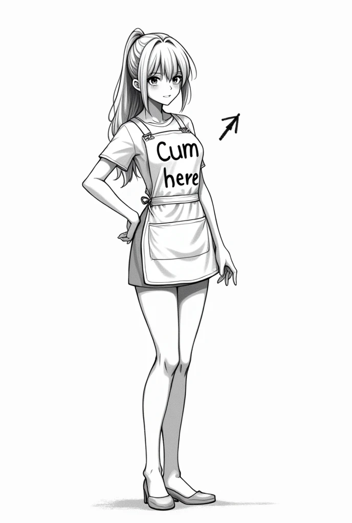 A black and white sketch of a woman. the sketch is wearing an apron that says: Cum here, with an arrow pointing to her crotch. low detail sketch, sketch of an anime girl