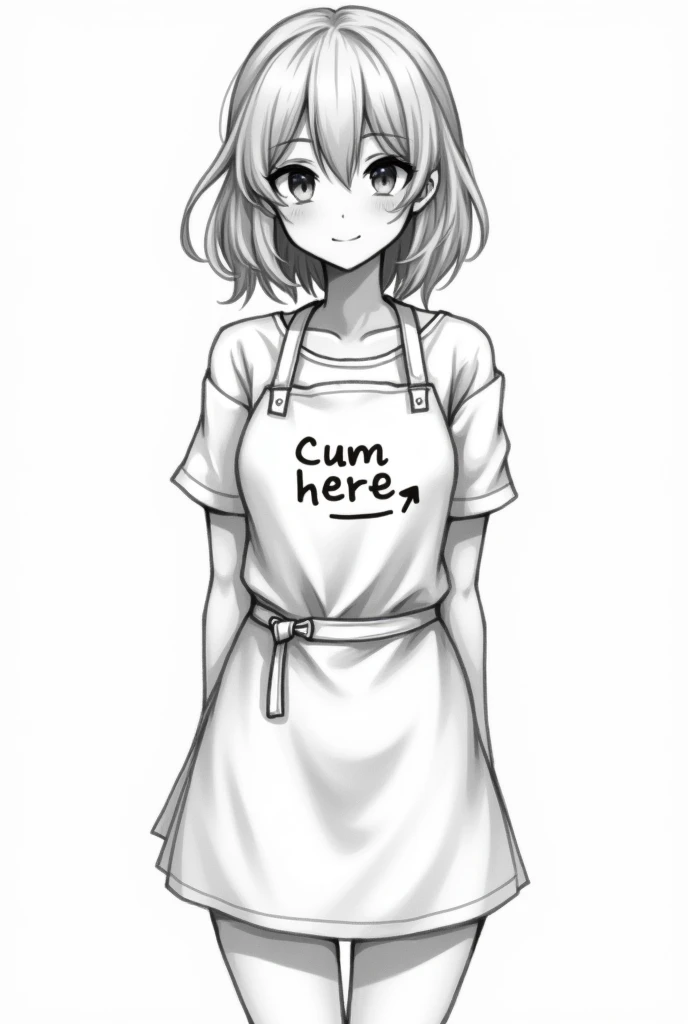 A black and white sketch of a woman. the sketch is wearing an apron that says: Cum here, with an arrow pointing to her crotch. low detail sketch, sketch of an anime girl