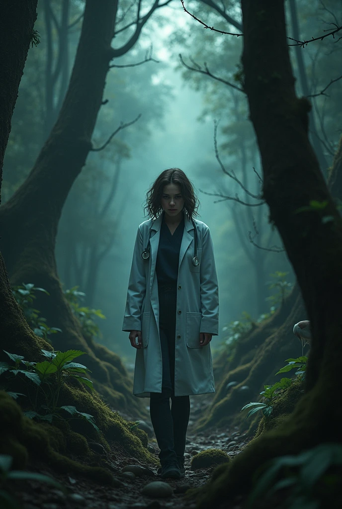 A scared doctor woman in forest 