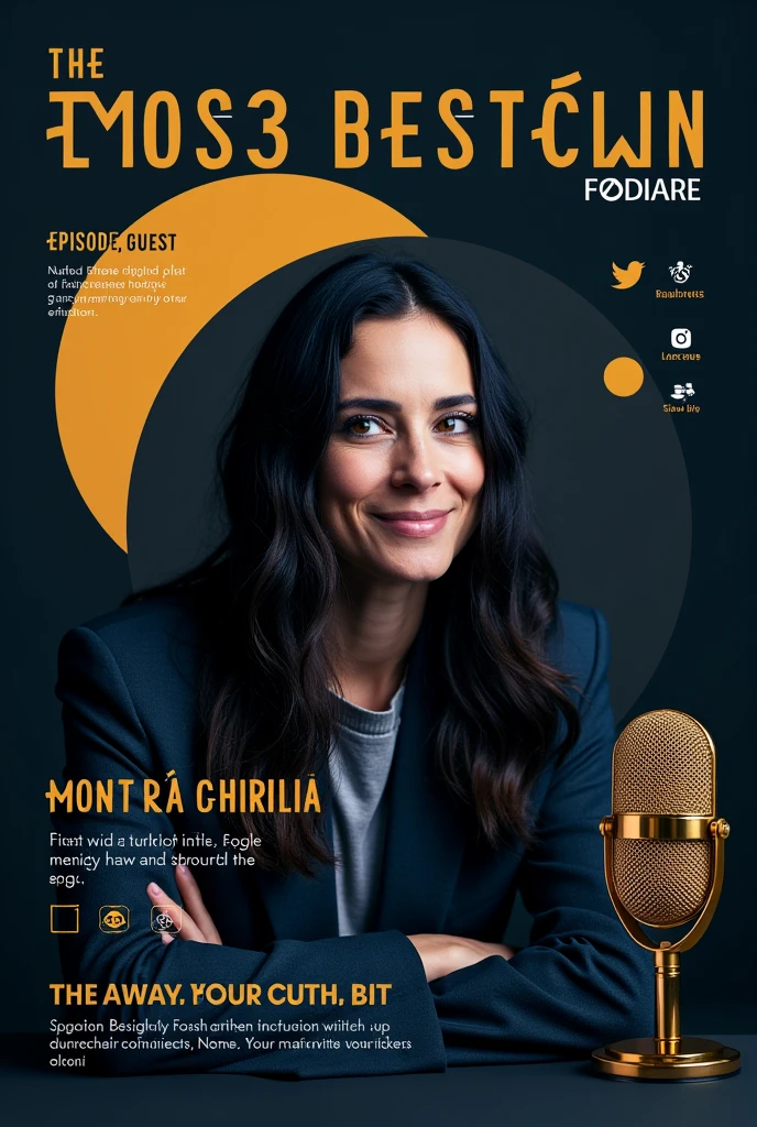 1. Main Background Color Palette: A dark tone, SOM preto ou azul-marinho, creates a modern and elegant environment, as well as helping the other elements stand out.
hight details: swirly vibrant colors, SOM yellow neon ou laranja, for key elements, SOM o título do episódio, call to action buttons, and icons. This draws attention to the most important points..
Support Colors: Tons neutros SOM branco ou cinza claro para o texto secundário e elementos decorativos, ensuring that the design remains harmonious and easy to read.
2. Typography Episode Title: A bold font, sans-serif, SOM "Montserrat" ou "Roboto Bold," in a vibrant color (ex.: yellow) to stand out against the dark background. The size should be large to be readable on small views..
Subtitle or Short Description: A slightly smaller font, SOM "Open Sans," in white or light gray. May include a brief description of the episode, For example: “Exploring design trends for 2024”.
Details and Call to Action: Smaller fonts, maybe in italics, SOM "Roboto Italic", for text that invites the audience to listen to the episode, ex.: “Available soon!”
3. Visual Elements Host or Guest Image: A cropped photo of the host or guest, prominently positioned. The image must be treated with a filter that matches the color palette of the post., or with a soft edge to integrate it into the overall design.
Microphone or Podcast Icon: A simple and modern microphone icon or podcast symbol, maybe located in the upper right or lower right corner, reinforcing the theme.
Recording Signal: A small “Rec” icon (red dot with the word “Rec” next to it) in the upper left corner to symbolize that the episode is being recorded.
Featured Geometric Shape: A circle or square behind the episode title, with a slight transparency, to help the text stand out even more against the background.
4. Composition and Layout Visual Division: The layout can be divided