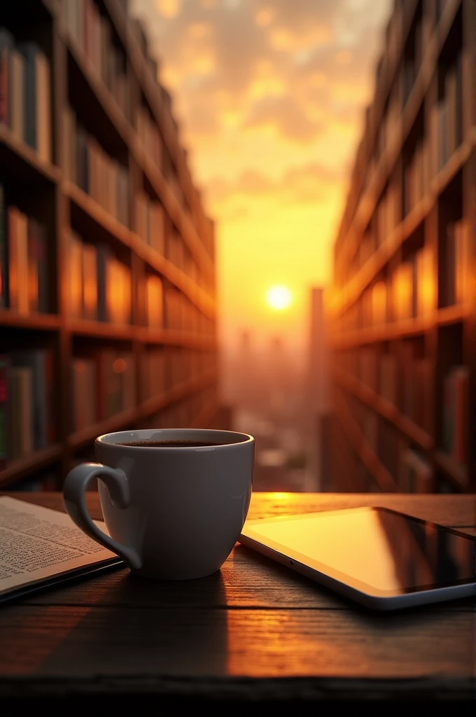 I need an image for my company that has a sunset with lots of books in the background, a cup of coffee and a tablet, It should also say Dareva Books in nice letters