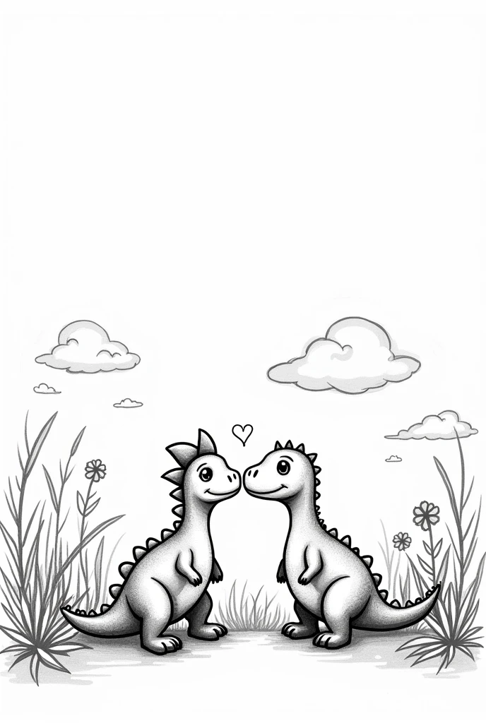 Cartoonish image in the form of a sketch of two dinosaurs in love, looking at each other in a picturesque landscape