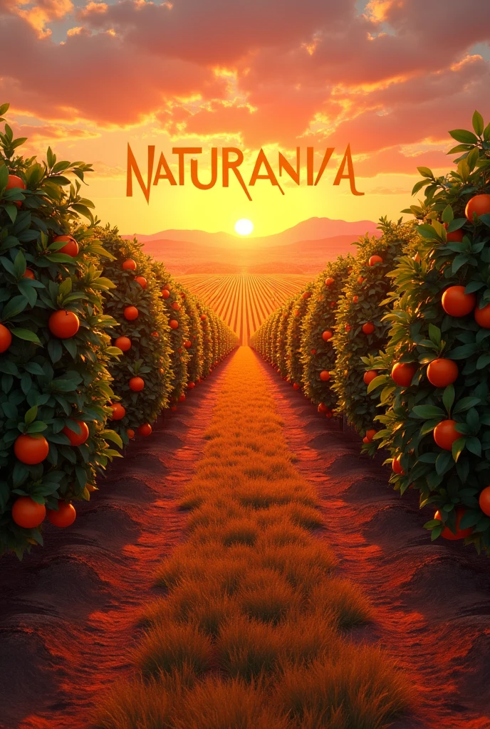Give me an image of orange orchards with a deep perspective and a sunset in the background and the word in the middle that says “NATURANJA” in capital letters and big words