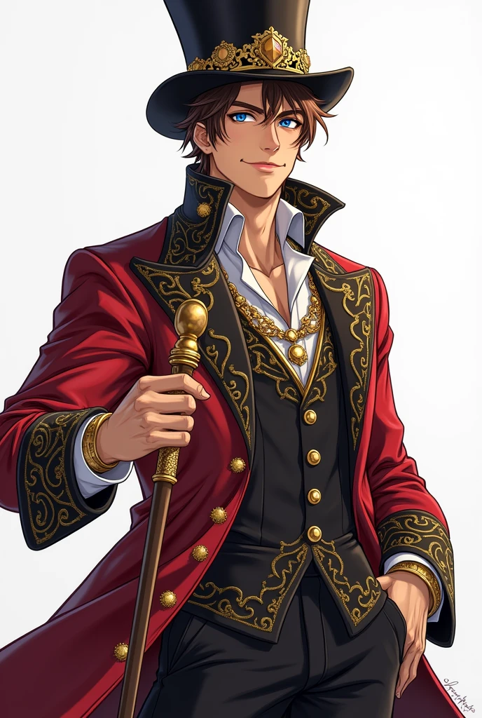 dnd, dungeons and dragons, noble, normal round human ears, human, slender, very rich, clean, wealthy, holding a bag of money, solo, single person, portrait, action pose, white skin, opulent, stylish, short shaggy brown hair with highlights, icey blue eyes, top hat, cane, handsome, laughing, funny, male, anime, comic, graphic novel, expensive robes, expensive jewelry, fancy, peaceful, grandiose, ((masterpiece, best quality)), trending artwork