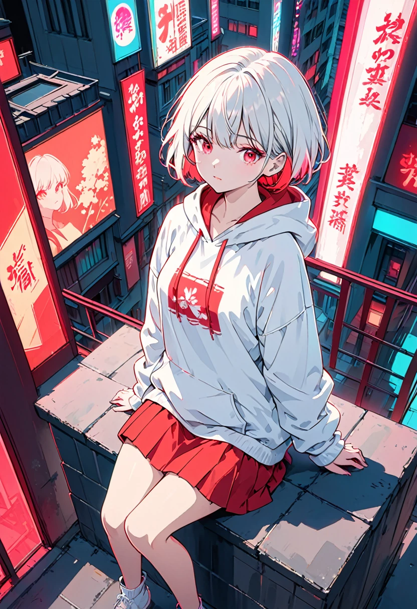 masterpiece,Highest quality,1 Synthwave style girl,Red outline,Neon lit street,Red fluorescent paint,alone,From above,Cowboy Shot,Sitting on the roof of a building,Highly detailed CG,Flat Color,Limited edition palette,No Line Art,silhouette,Partially colored,Alternative color,Dynamic Angle,Red long top champagne,Shadow of Red,Synthwave,chromatic aberration,(alone focus),Perfect Shadow,Wearing a white hoodie,Delicate face,,Beautiful and delicate eyes,White Hair,Short Bob Hair,Delicate background,red neon lights,Around ,About 150 tall