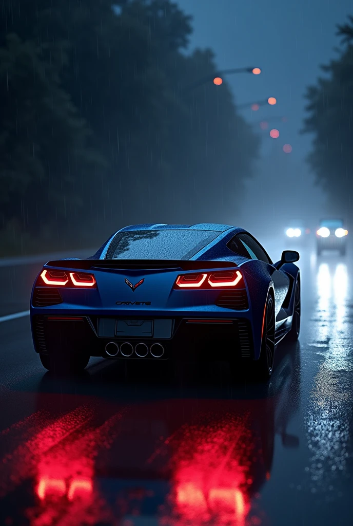 A. Matte Midnight blue corvette wiper on road in night same car different angles