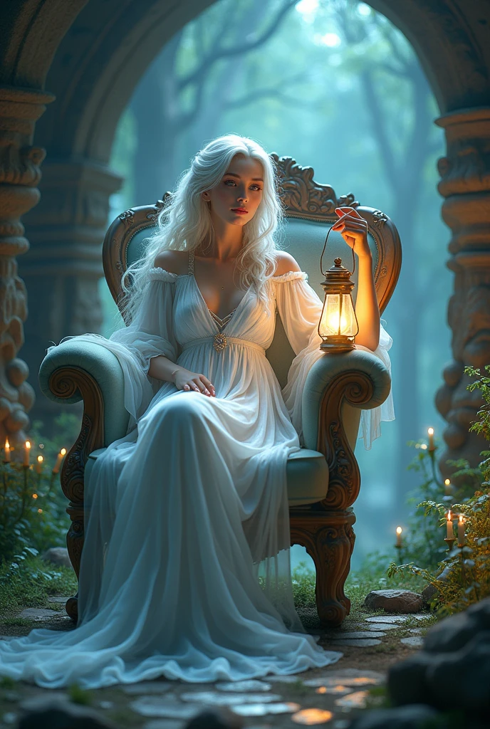 Very detailed Ultra Fantasy Ultimate Details Ultra-high resolution 8K 32k 3D Clear Eyes Silver Hair Sit on a chair Lantern in right hand