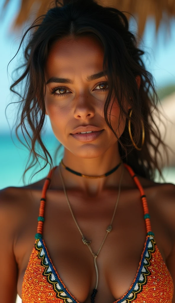 black woman, middle aged, stunning skin, brown color eyes, movie-quality image, 8k ultra-clear photo, latina, full body picture, sweat and gentle face, wearing swimming suits, adorned with African-inspired marks . She wears vibrant African-designed bikini, adorned with intricate beadwork, This highly-realistic image showcases the woman's very detailed facial features, with lifelike textures that bring out the depth and dimension of her features. The cinematic scene is further emphasized, she doesnt have tattoo, 9:16 format