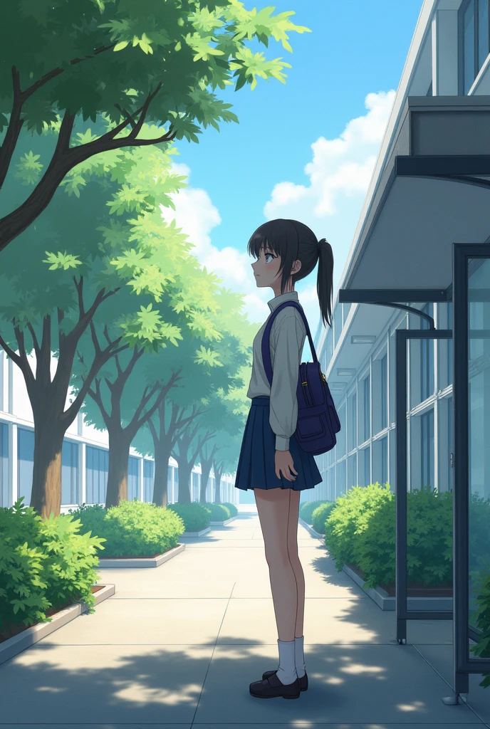 Female student waiting for the bus at a school (no animated image)