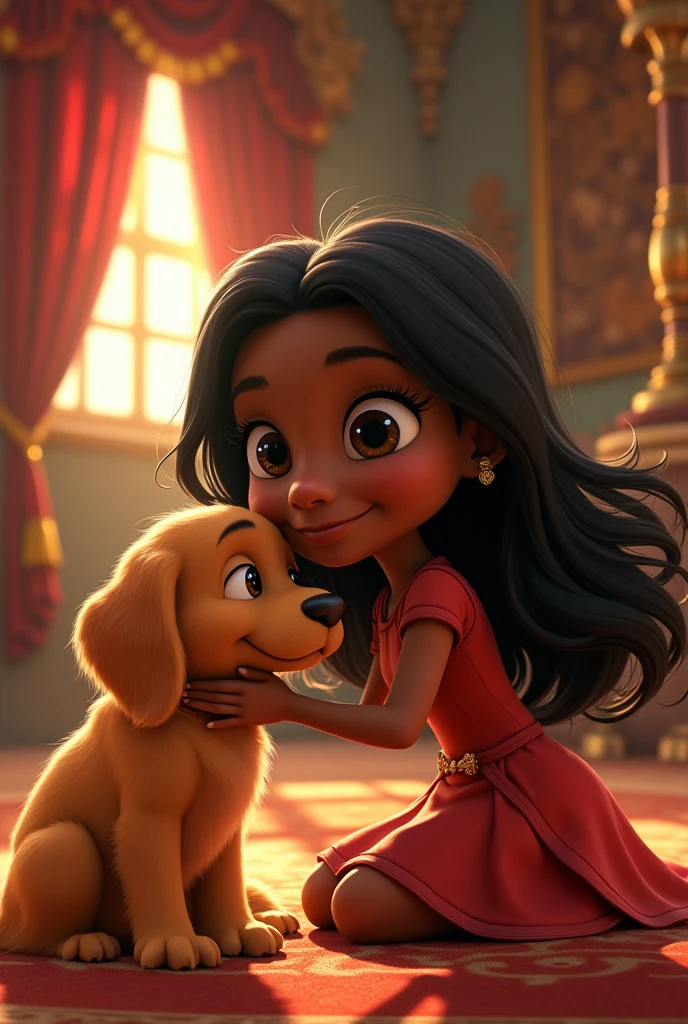 Dark skinned girl with black hair , dark eyes , beautiful smile.with a golden retriever dog. Represents this type of Pixar, in the castle of the princess and the frog