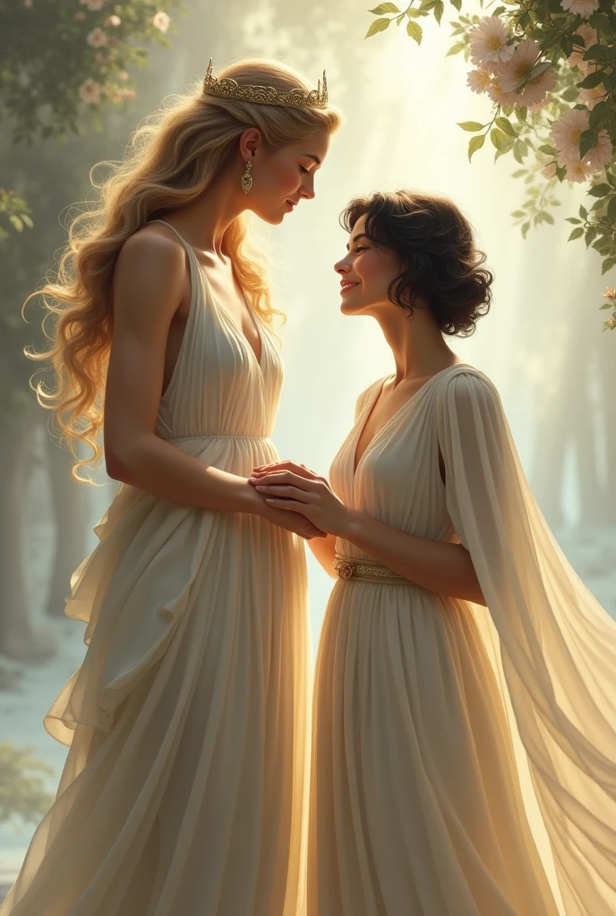 Aphrodite, white dress blonde hair is with Sappho of Lesbos, short dark hair and white dress with face looking down and laughing