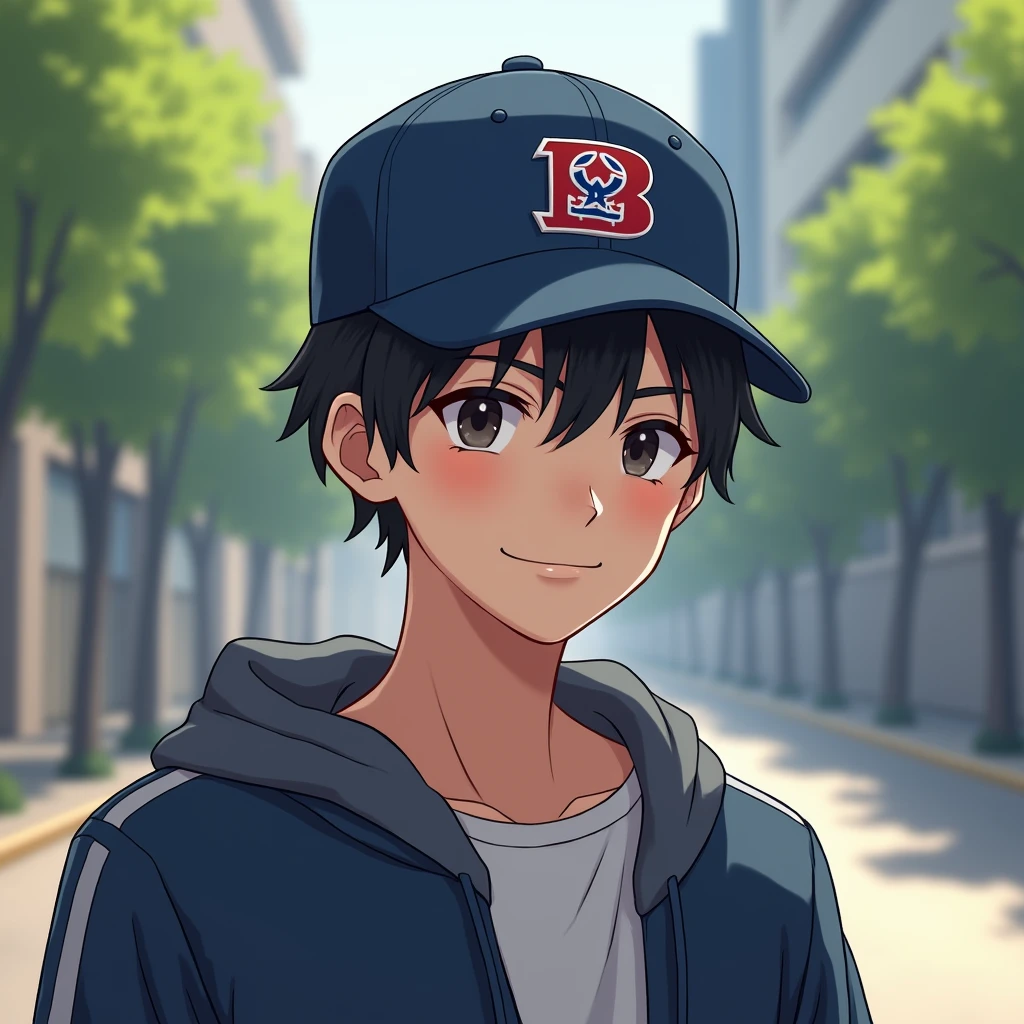 Handsome young man with black hair wearing a Baystars hat