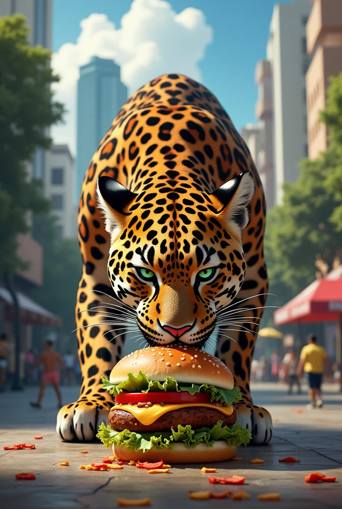 Leopard in Bucaramanga eating a hamburger 
