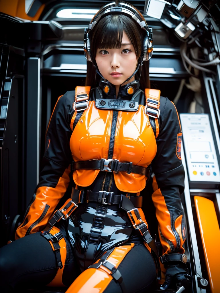 masterpiece, Highest quality, Very detailed, Japanese Android girl,Plump,Slightly thicker,Control panel,Android,cyborg,Blunt bangs,Sitting in the cockpit,Orange combat suit,Black wide harness belt,Helmet